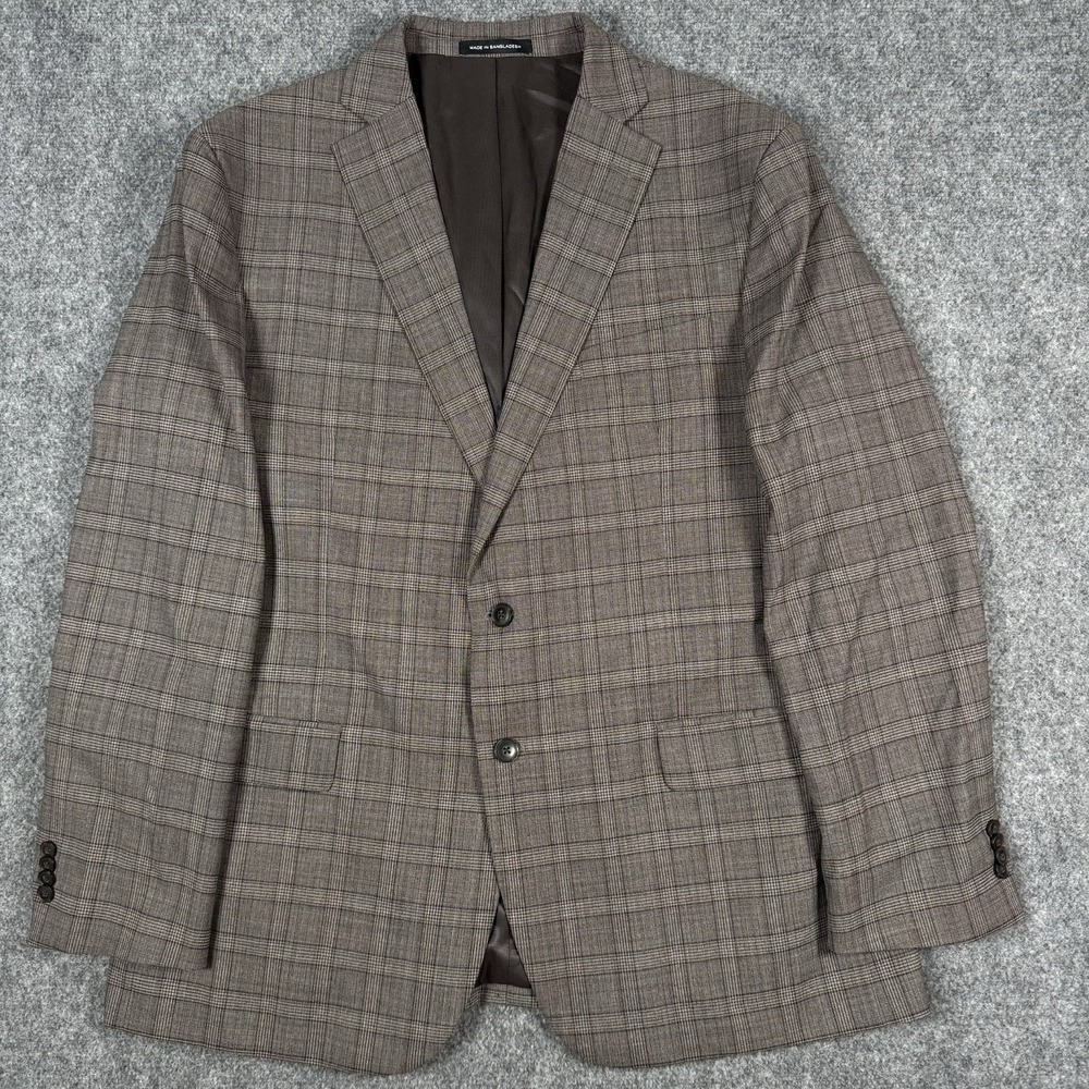 Awearness Kenneth Cole Mens 48 Long Plaid Stretch Wool Blazer Jacket Brown 48L
